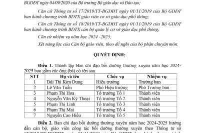 QUYẾT ĐỊNH THÀNH LẬP BAN CHỈ ĐẠO BỒI DƯỠNG THƯỜNG XUYÊN NĂM HỌC 2024 – 2025