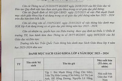 Thông báo về việc công khai danh mục Sách giáo khoa lớp 4 sử dụng trong nhà trường năm học 2023 – 2024!